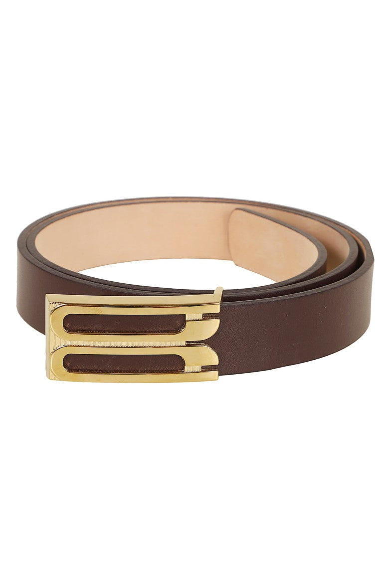 Victoria Beckham Minimalist Dark Burgundy Calfskin Belt With Geometric Buckle
