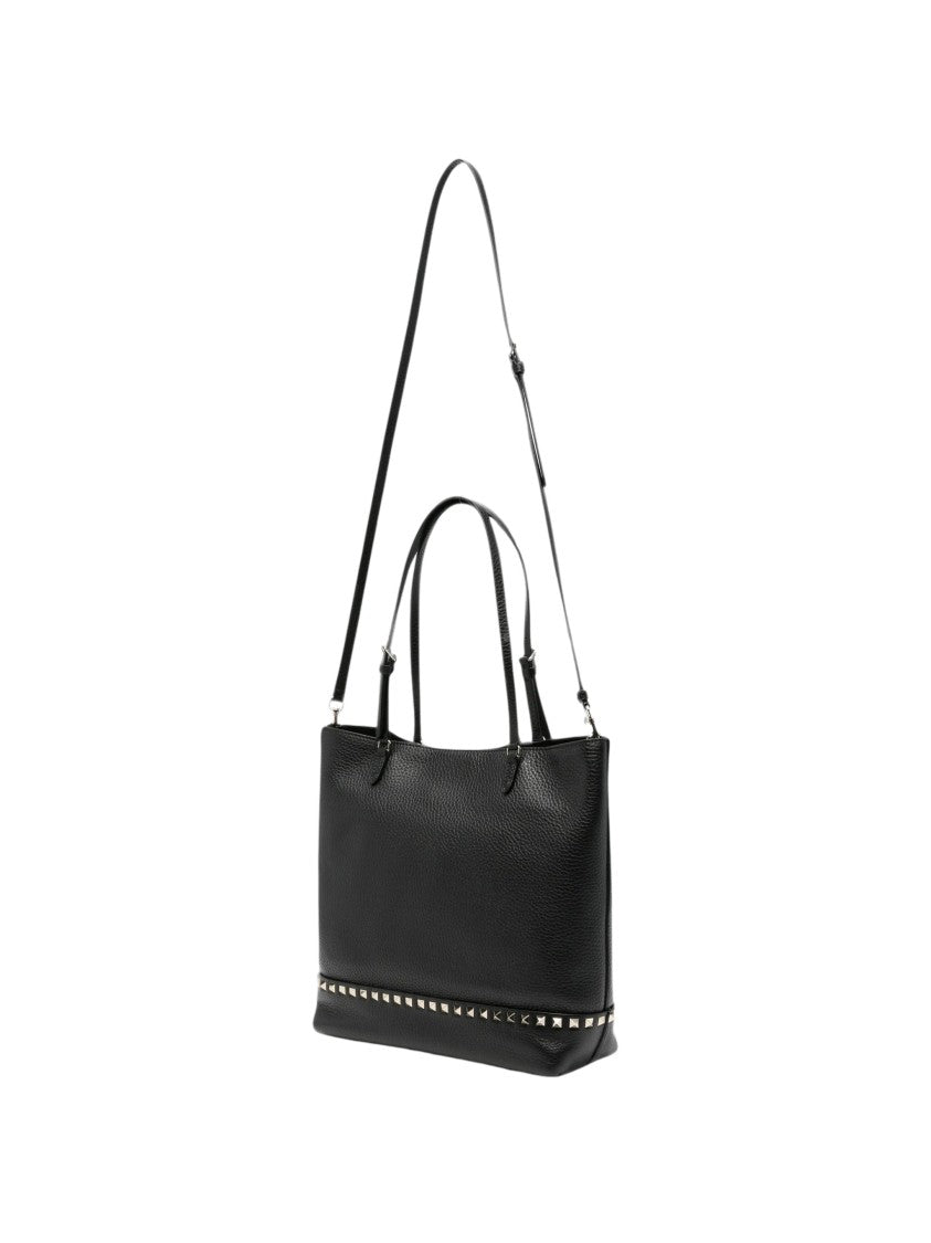 Valentino Black Rockstud Medium Pebbled Calf Leather Tote Bag