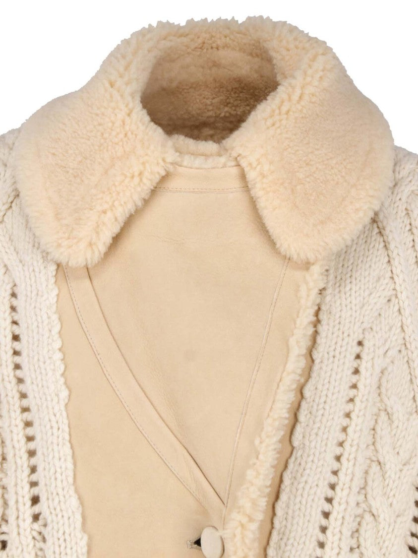 Ermanno Scervino Cream Shearling Collar Virgin Wool Cardigan