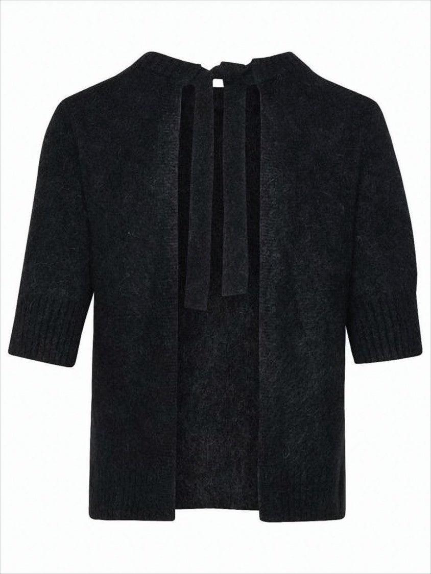 Ganni Cropped Knit Sweater With Unique Tie Closure And Open Back