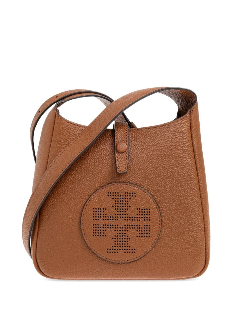 Tory Burch Structured Medium Brown Pebbled Leather Bag With Logo Detail