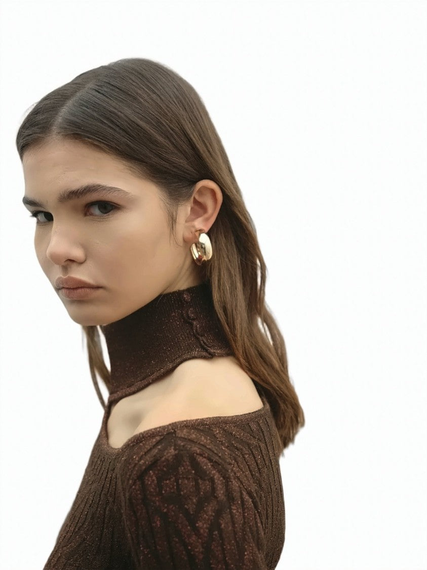 Akep Ribbed Knit Lurex Logo Shoulder Cut-Out Turtleneck Dress