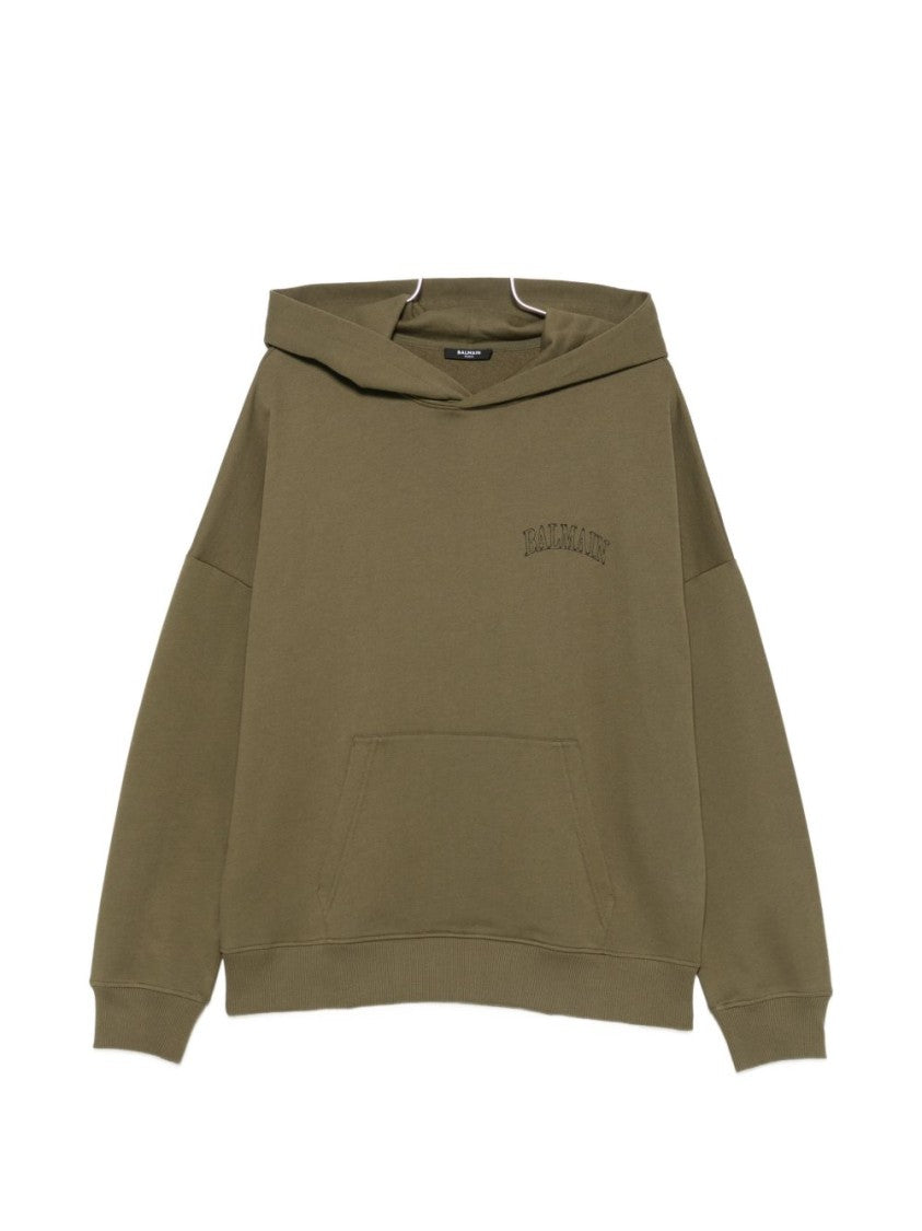 Balmain Khaki Green Cotton Jersey Hoodie With Floral Logo Print