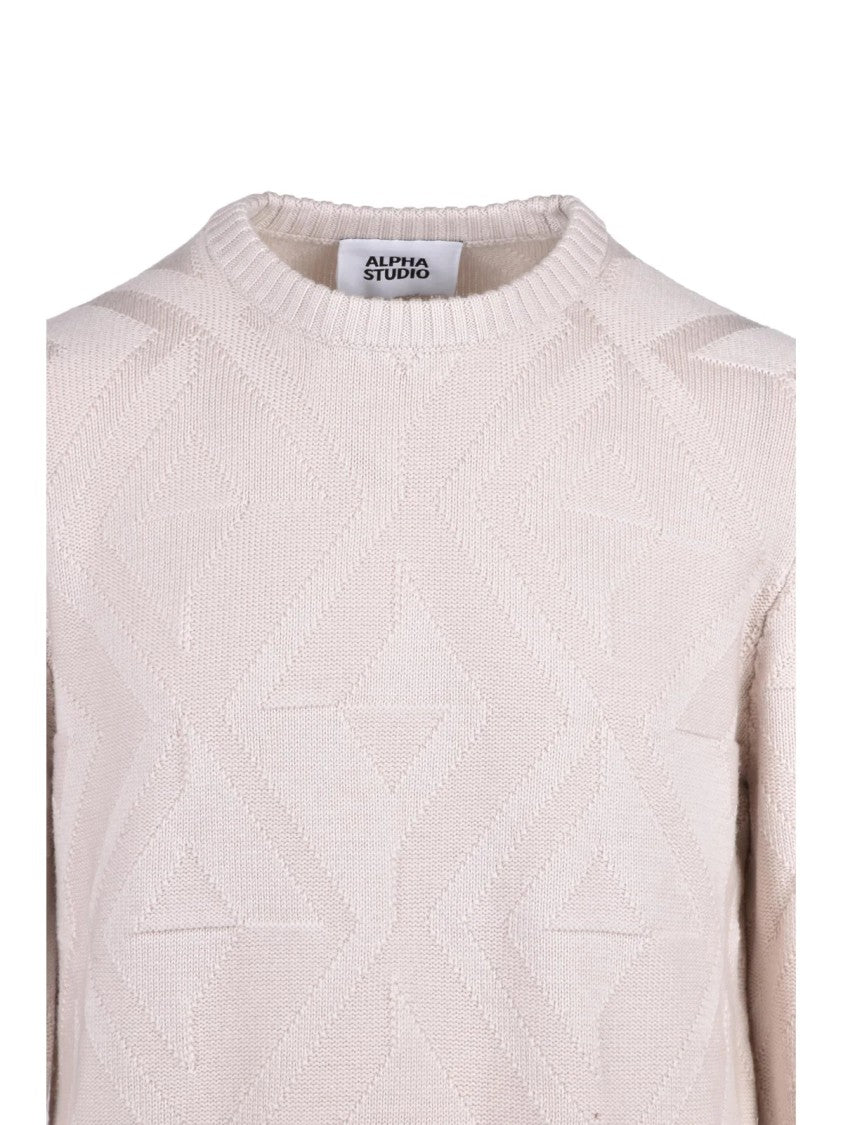 Alpha Studio Extra-Fine Merino Wool Crewneck Sweater With Geometric Knit Pattern