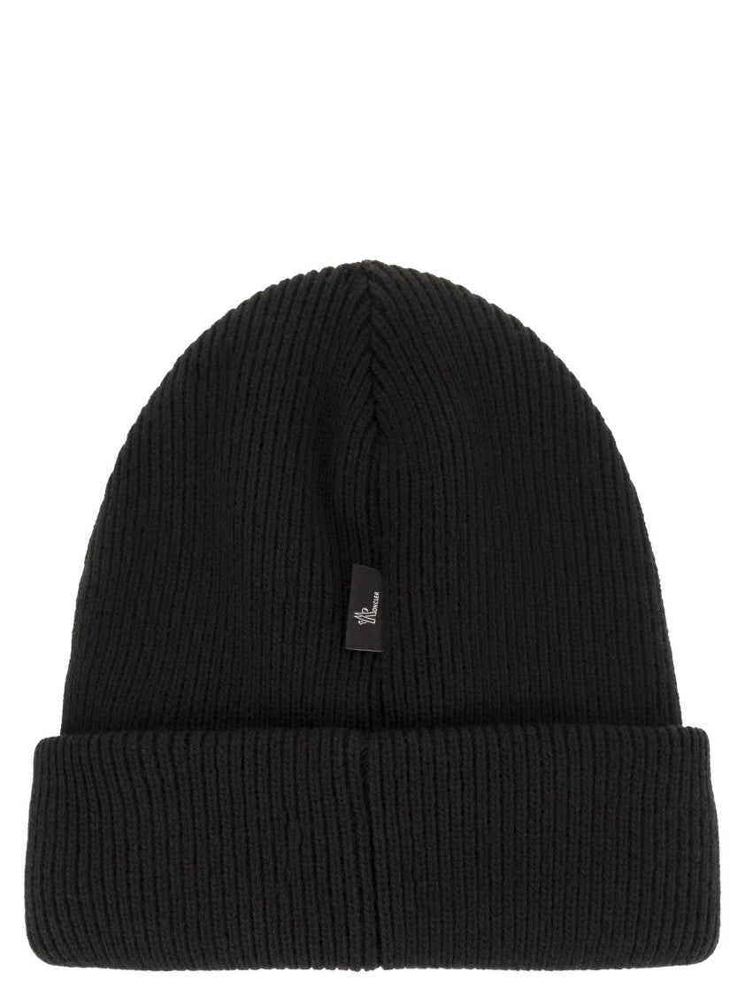 Moncler Grenoble Ribbed Knit Wool Cap With Embroidered Logo Patch