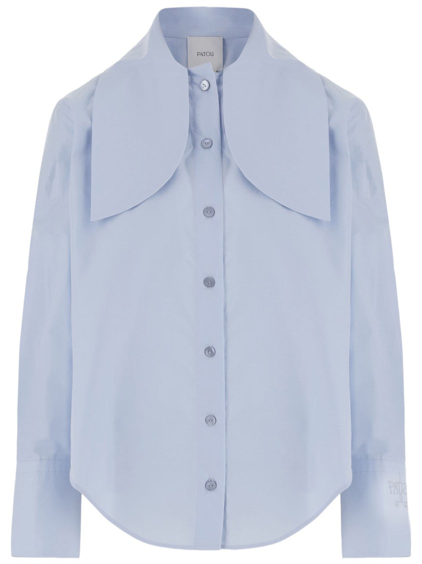 Patou Light Blue Knotted Collar Cotton Blouse