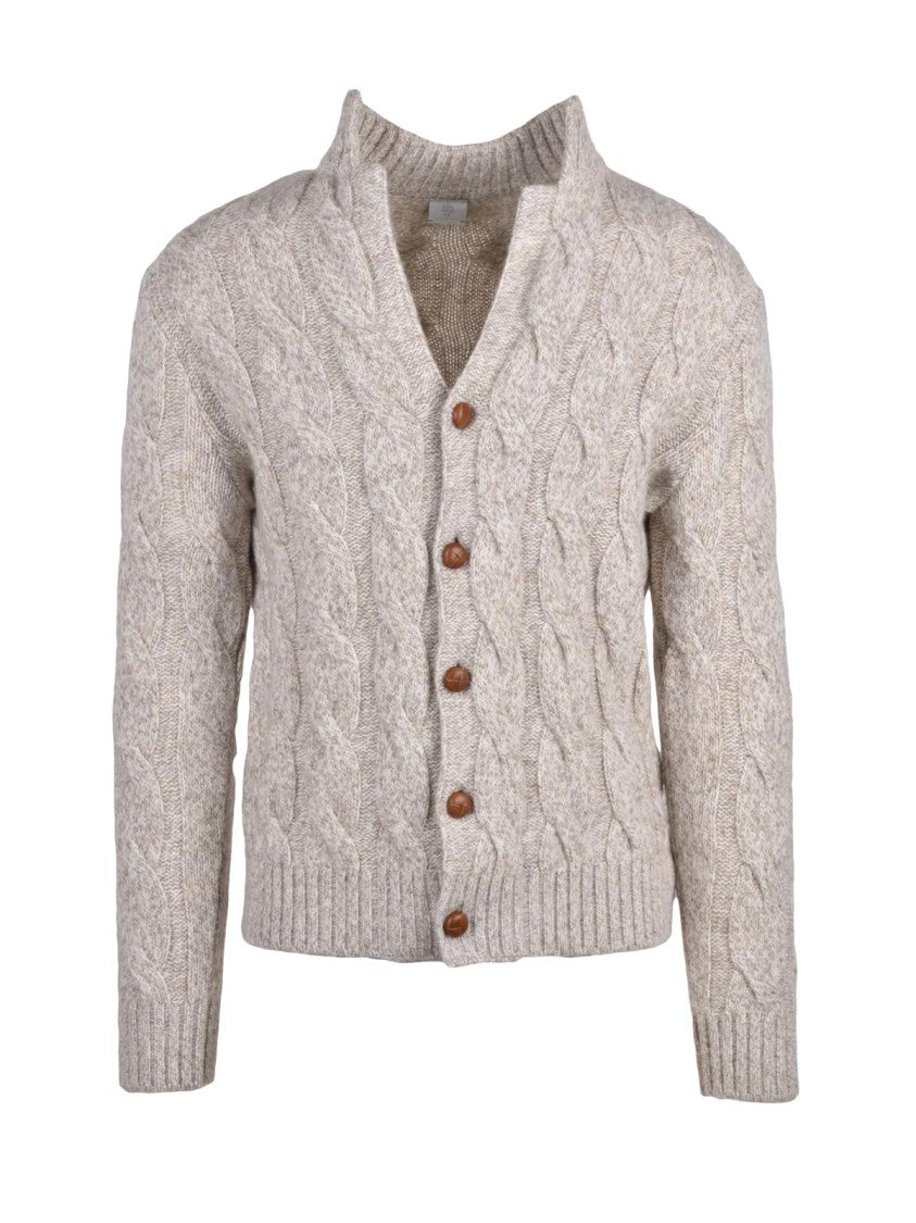 Eleventy Beige Cable Knit Button-Up Wool Cardigan