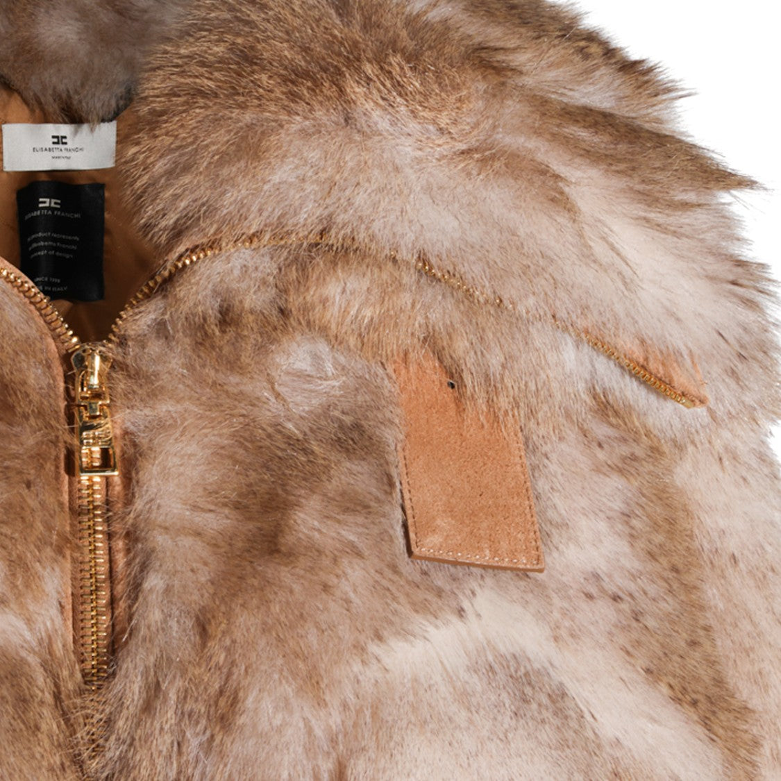 Elisabetta Franchi Beige Corset-Inspired Fur Jacket With Belted Waist