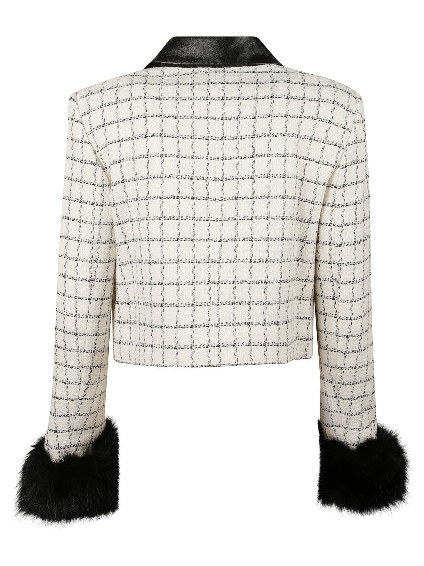 Self-Portrait Cropped Check Boucle Jacket With Fur Cuffs