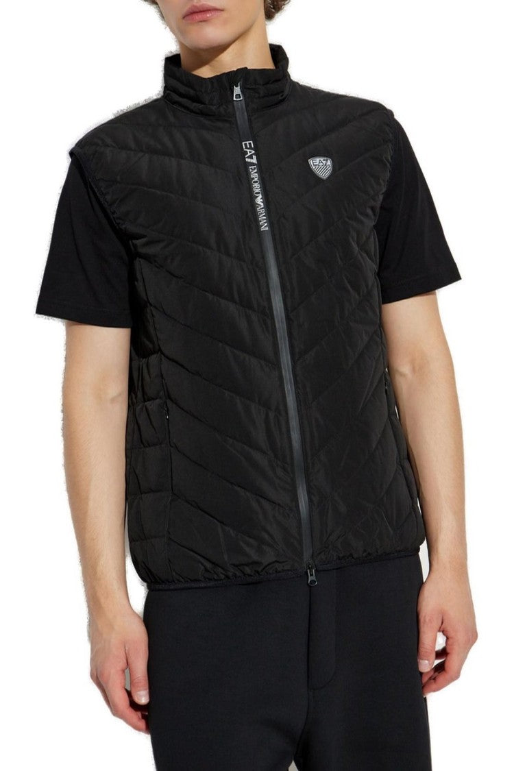 Ea7 Emporio Armani Quilted Black Down Waistcoat With High Collar