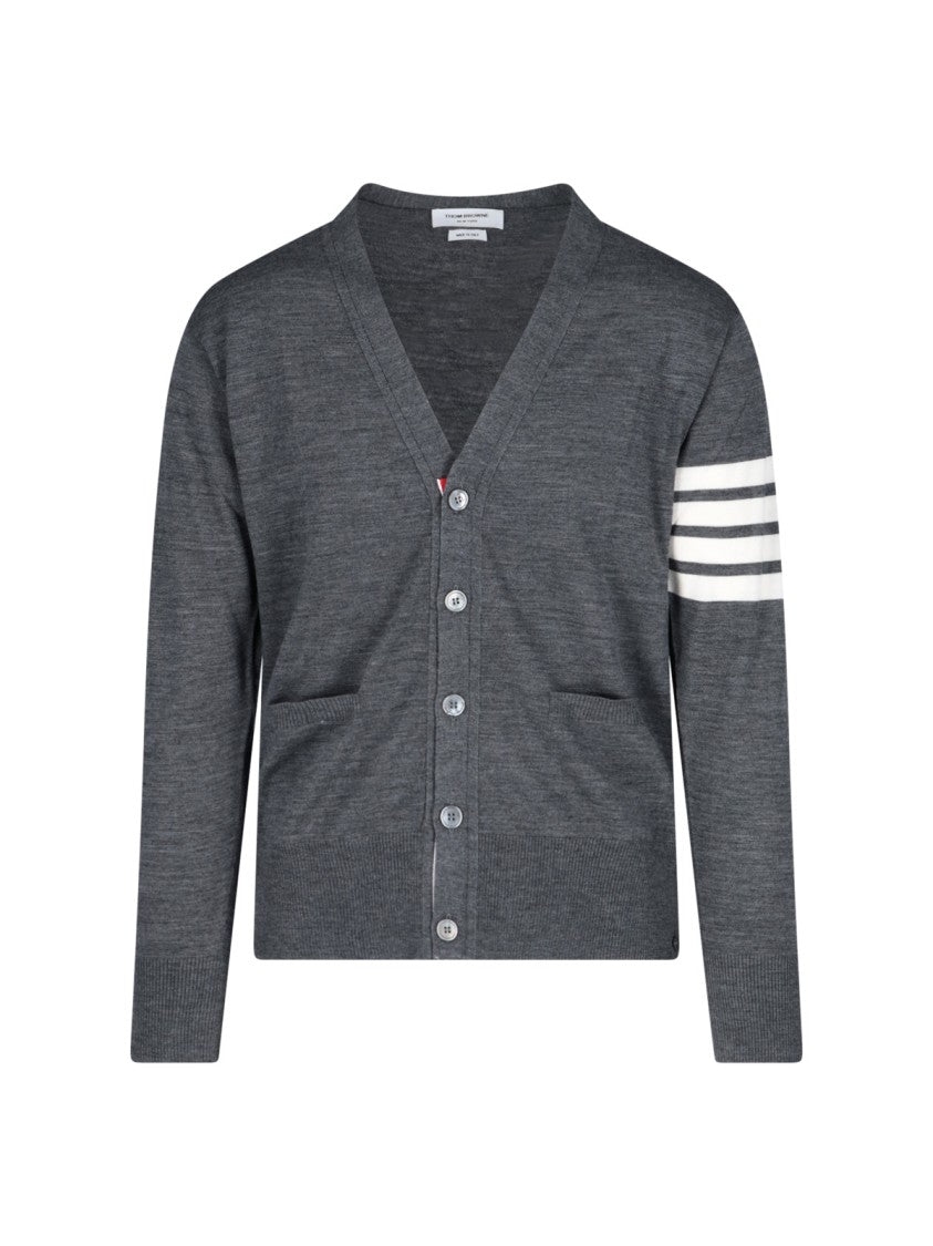 Thom Browne Grey Virgin Wool Cardigan With Iconic 4-Bar Intarsia