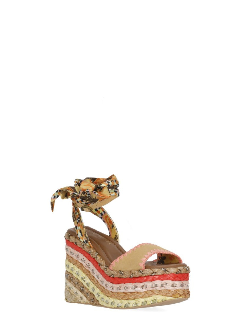 Kurt Geiger Beige Chelsea Scarf Wedges Raffia Sandals