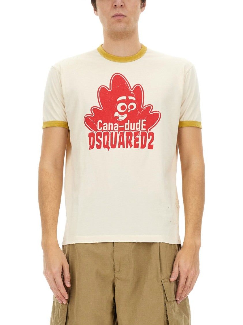Dsquared2 Graphic Print Cotton T-Shirt With Ribbed Trim
