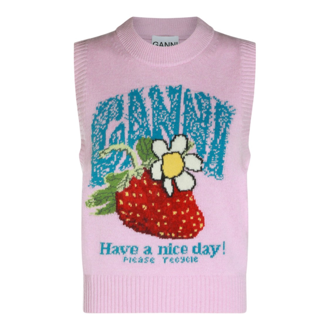 Ganni Sleeveless Knit Vest With Strawberry Graphic And Ribbed Detailing