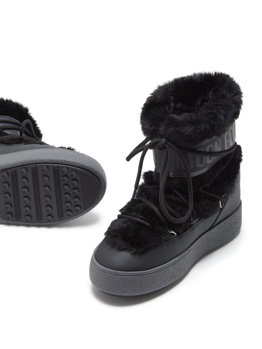 Moon Boot Mid-Height Black Faux Fur Boots With Textured Rubber Sole