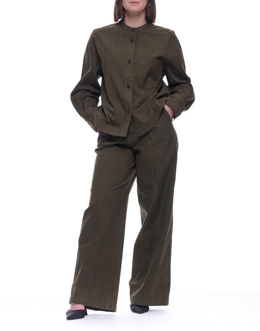 Pomandère Military Green Striped Cotton Loose-Fit Shirt