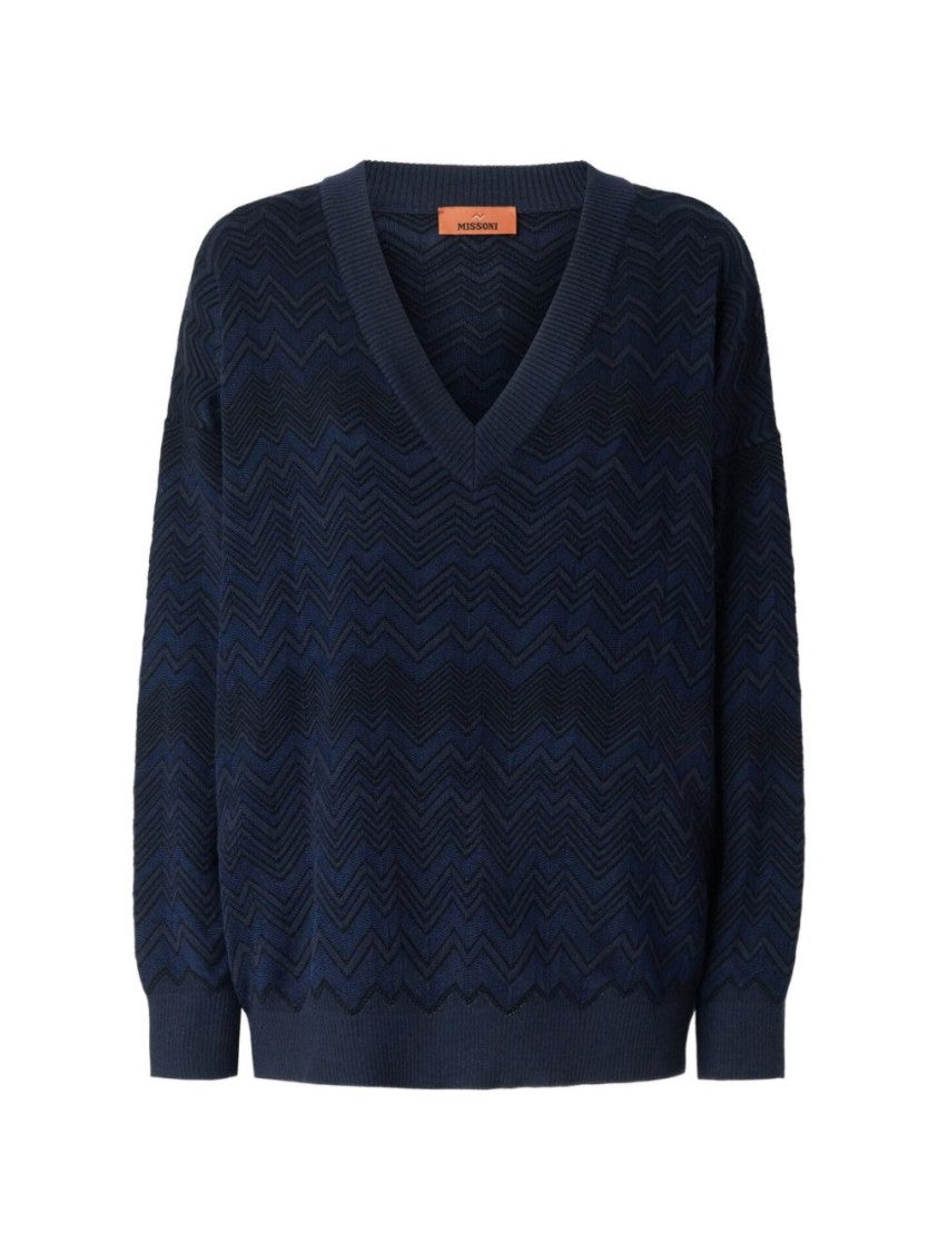 Missoni Blue Textured Knit Deep V-Neck Sweater