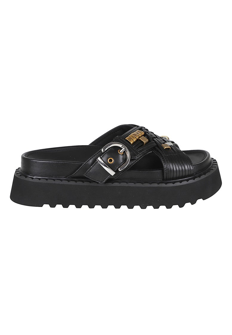 Pinko Nappa Leather Slide Sandal With Woven Straps And Buckle Accents