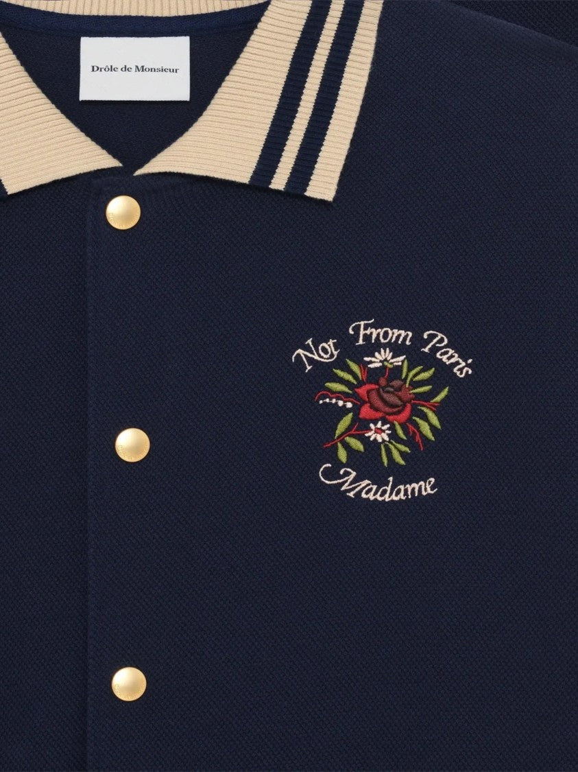 Drôle De Monsieur Short-Sleeved Navy Pique Shirt With Contrasting Beige Collar