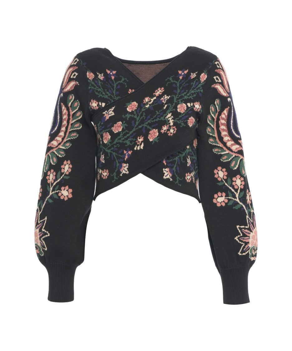 Farm Rio Cropped Knit Top With Floral Motifs And Puffed Sleeves