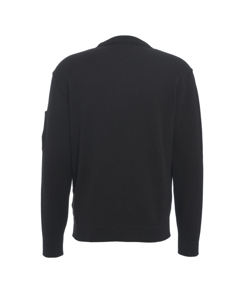 C.P. Company Black Knit Sweater With Distinctive Logo Patch And Crew Neck