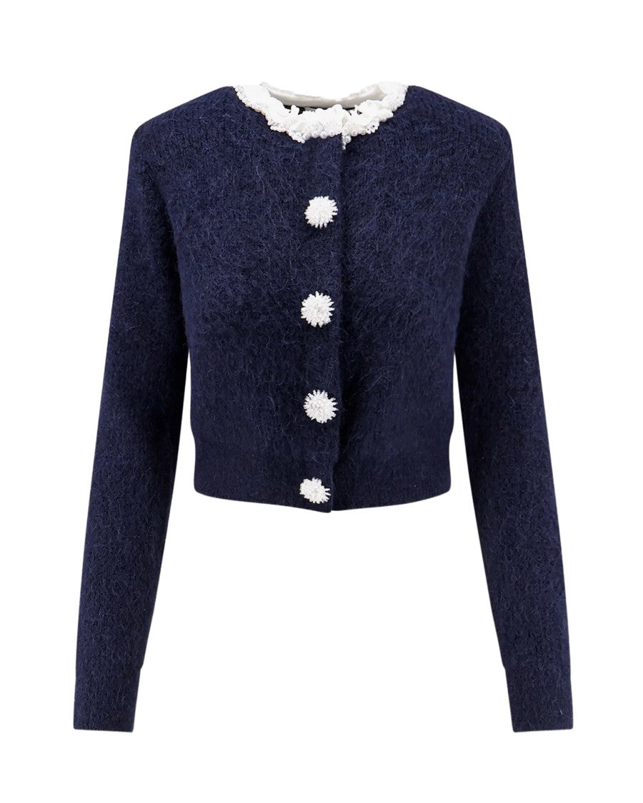 Self-Portrait Cropped Floral Appliqué Alpaca-Blend Cardigan