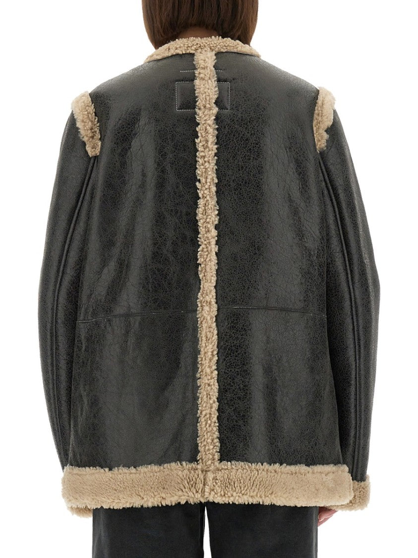 Mm6 By Maison Margiela Textured Black Shearling Jacket With Plush Trim
