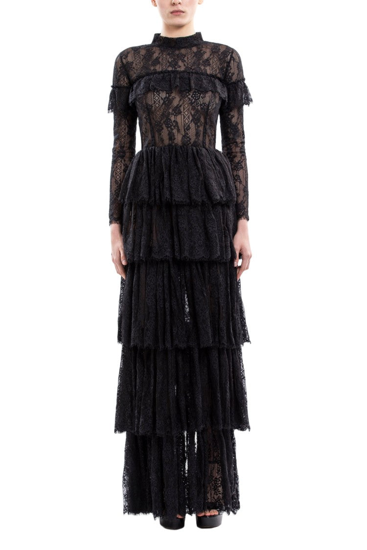 Saiid Kobeisy Intricate Black Lace Maxi Dress With Layered Skirt