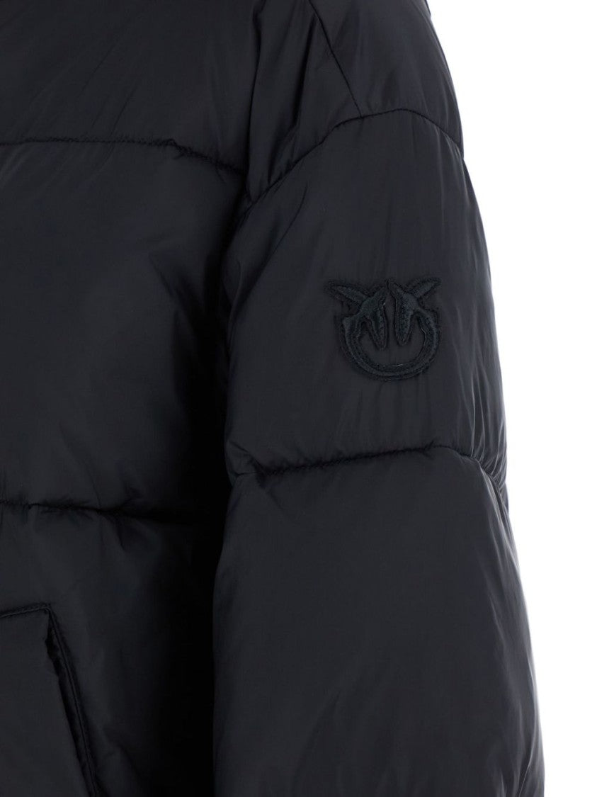 Pinko Cropped Black Coat With Hooded Neckline And Embroidered Logo