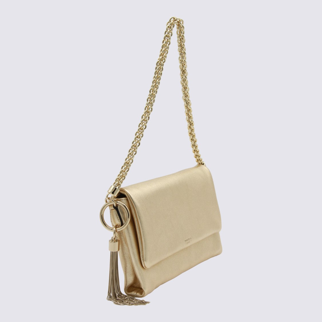 Jimmy Choo Metallic Gold Handbag With Flap Closure And Decorative Tassel