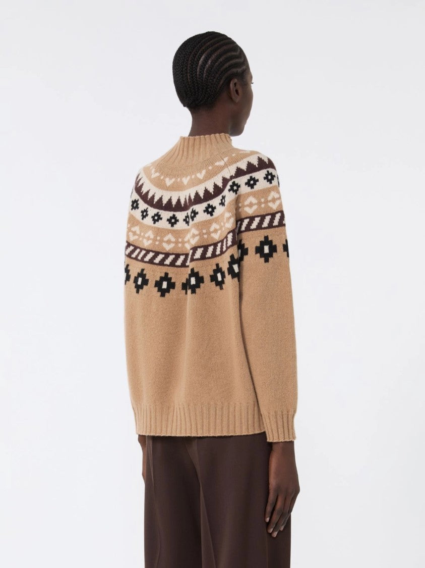 Max Mara Brown Knit Sweater With Patterned Yoke