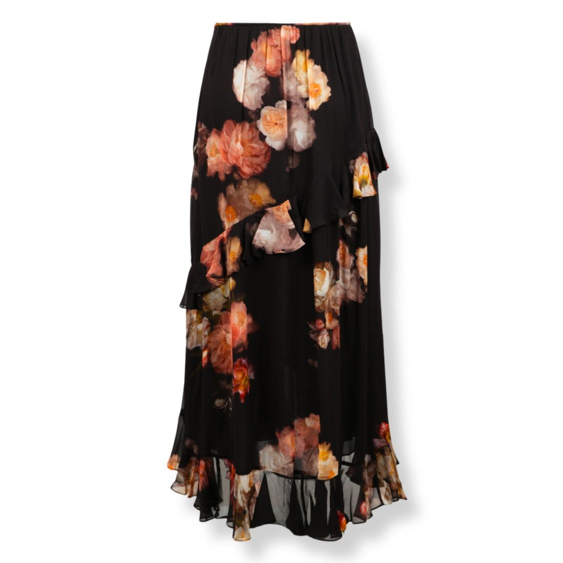Zimmermann Asymmetric Floral Print Midi Skirt With Layered Ruffles