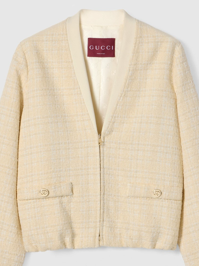 Gucci Neutral Check Cotton Tweed Cropped Jacket
