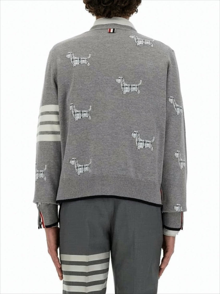 Thom Browne Embroidered Grey Wool Blend Cardigan With Signature Stripes