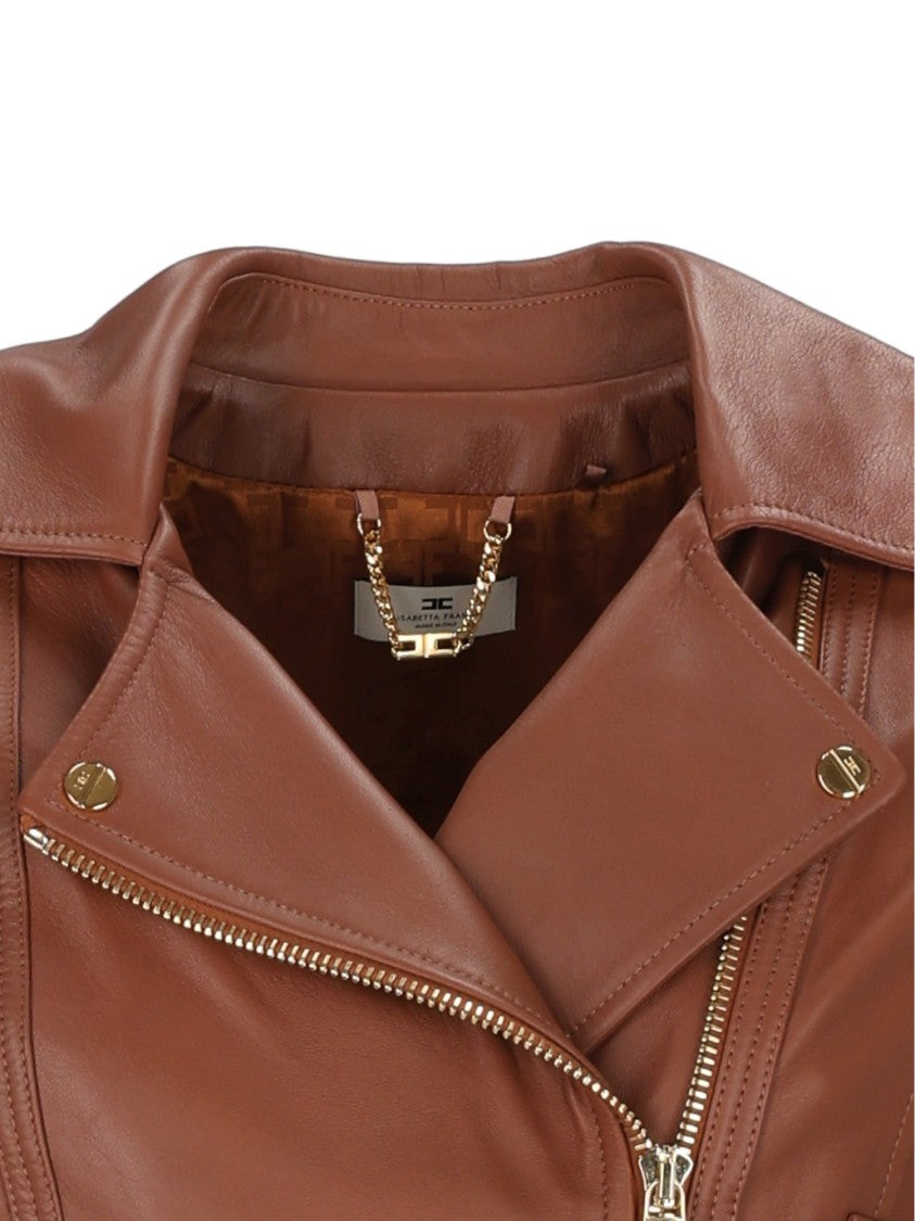 Elisabetta Franchi Cropped Leather Jacket With Asymmetrical Zipper And Gold Accents