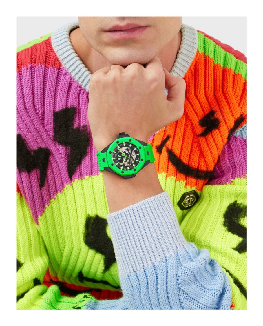 Philipp Plein Skeleton Dial Automatic Watch With Green Silicone Strap