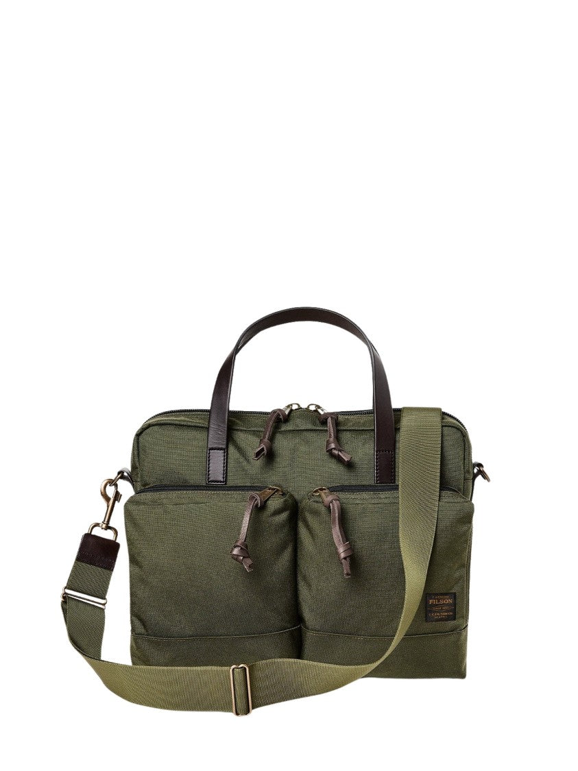 Filson Olive Green Fabric Briefcase With Leather Accents And Dual Handles