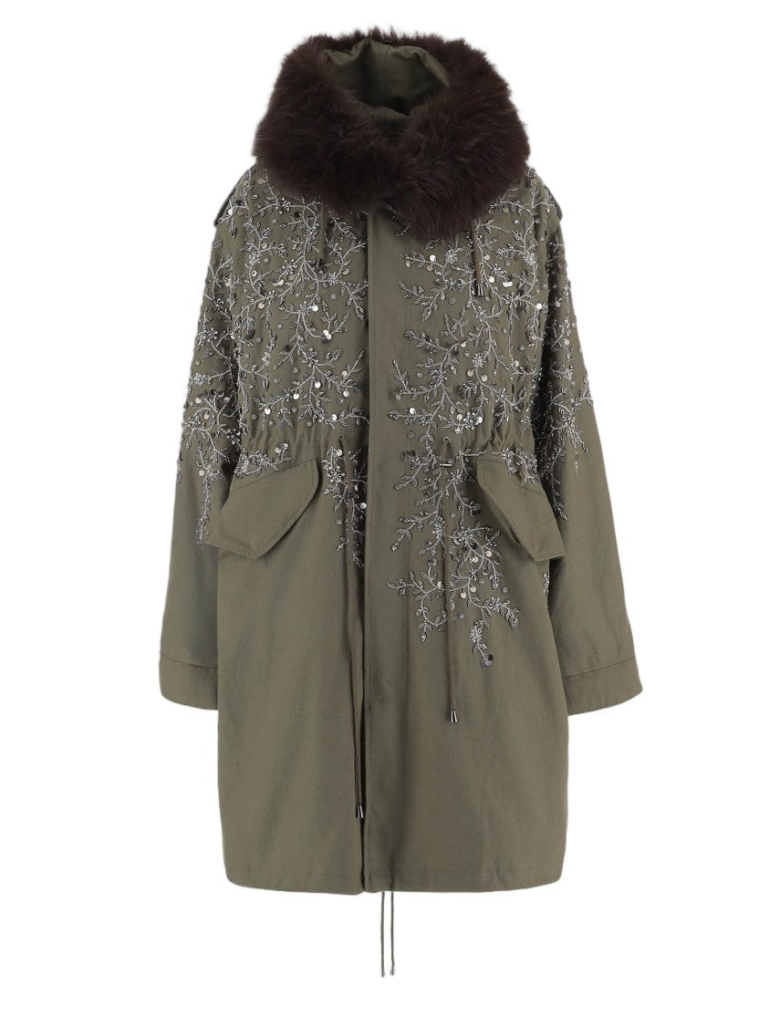 Novelle Green Floral Embroidered Faux-Fur Hooded Cotton Parka