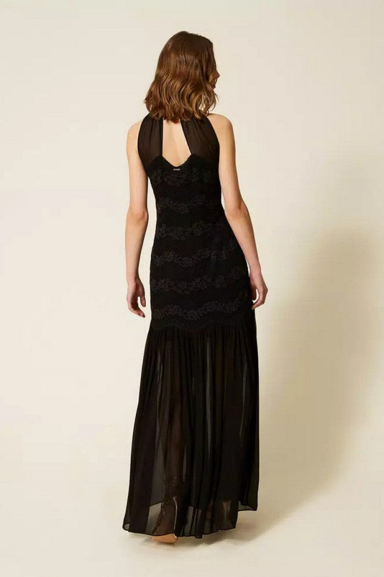 Twin-Set Black Halterneck Lace Panel Keyhole Viscose-Blend Maxi Dress