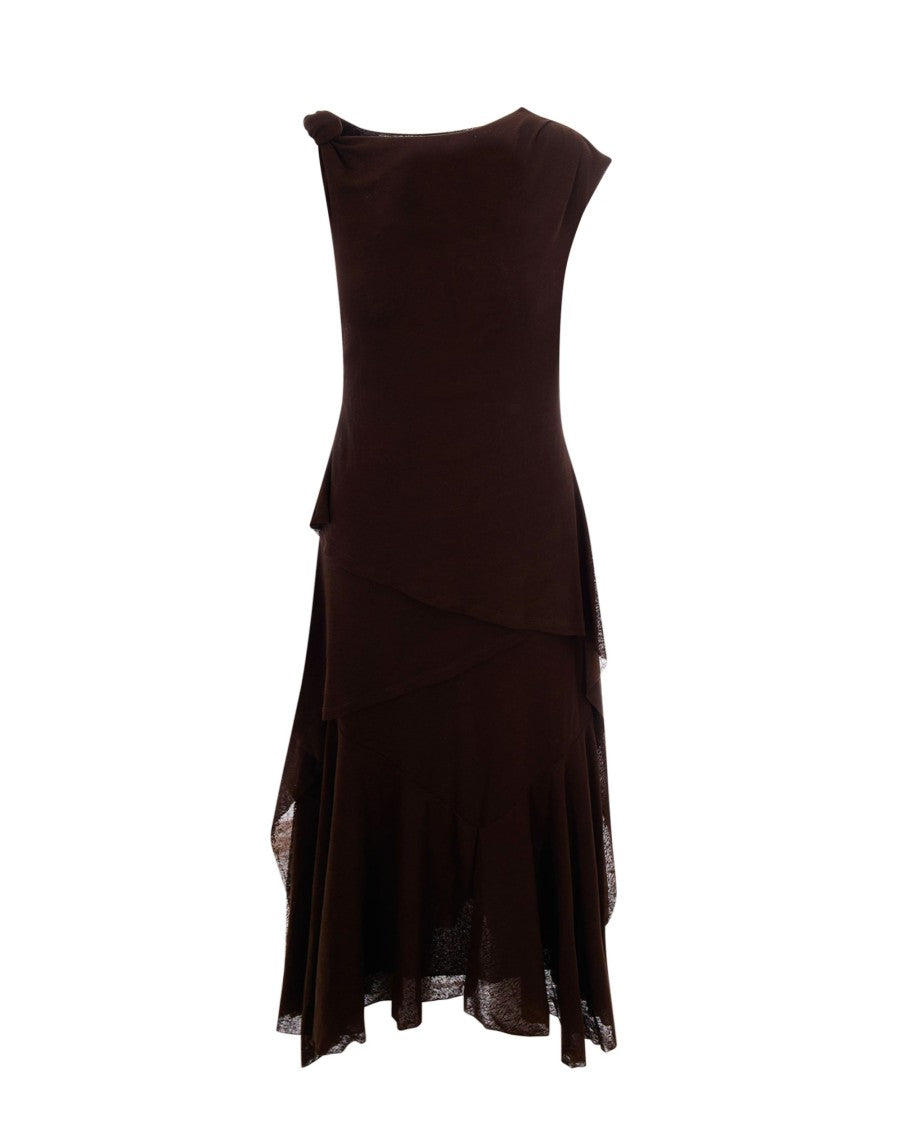 Ganni Draped Midi Dress With Asymmetrical Hem And Layered Mesh