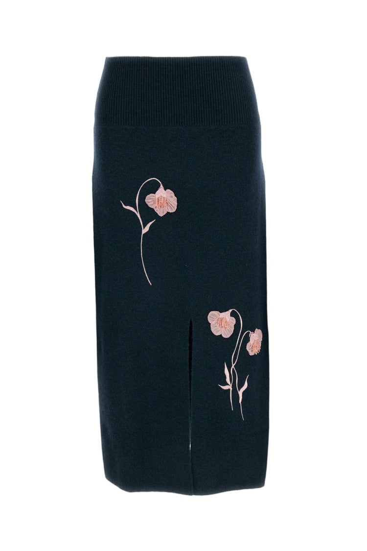Erdem Green Embroidered Wool Pencil Skirt