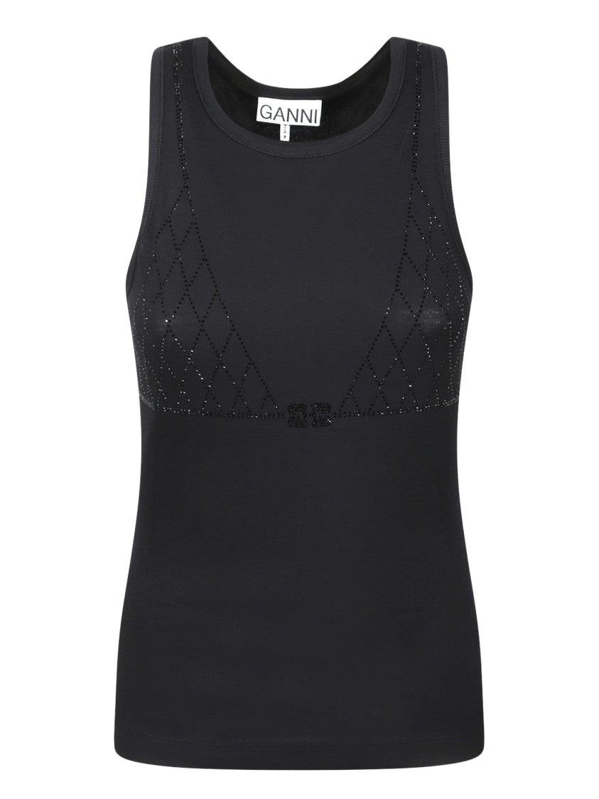 Ganni Sleeveless Black Top With Rhinestone Embellishments