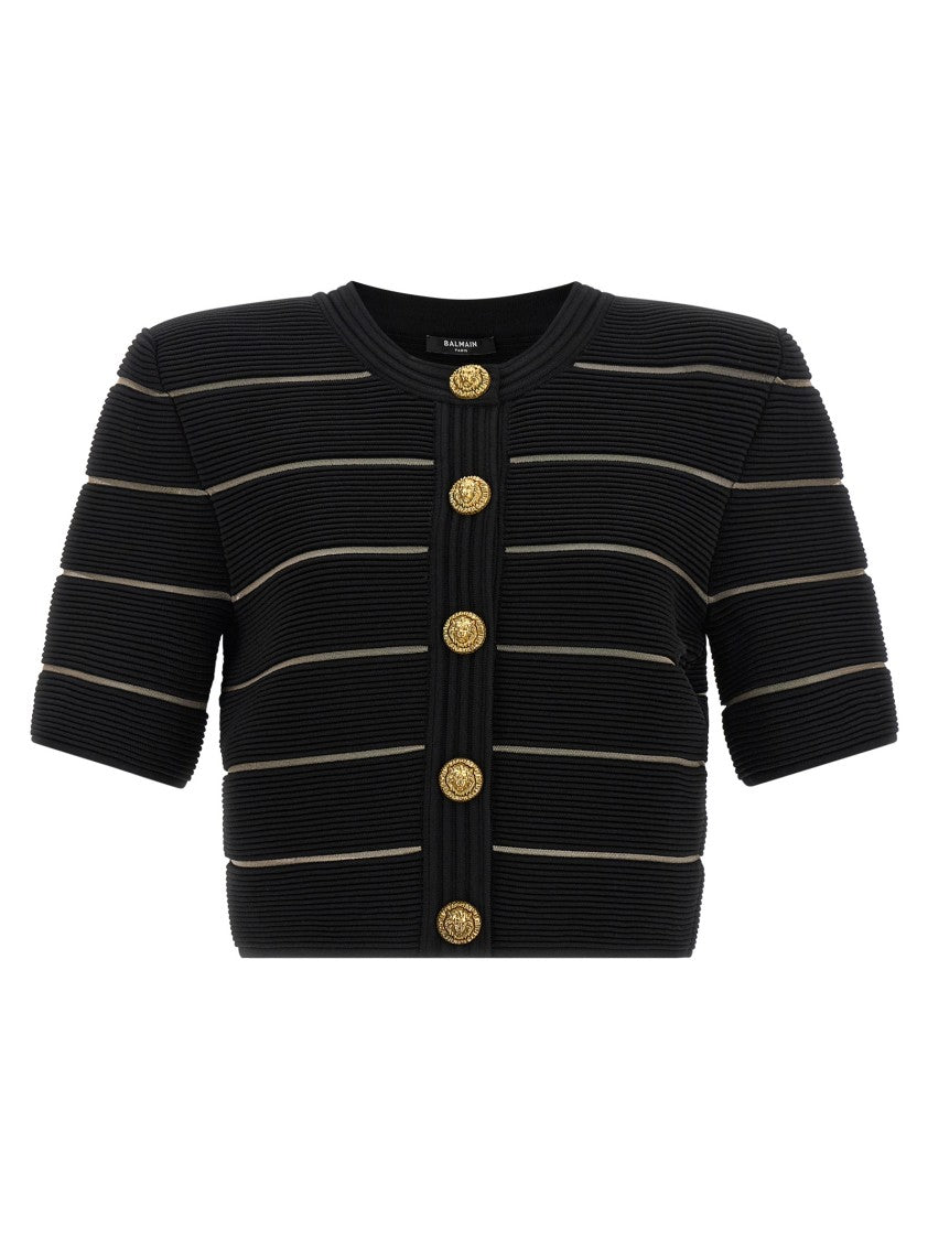 Balmain Cropped Cardigan With Ribbed Viscose And Mesh Inserts