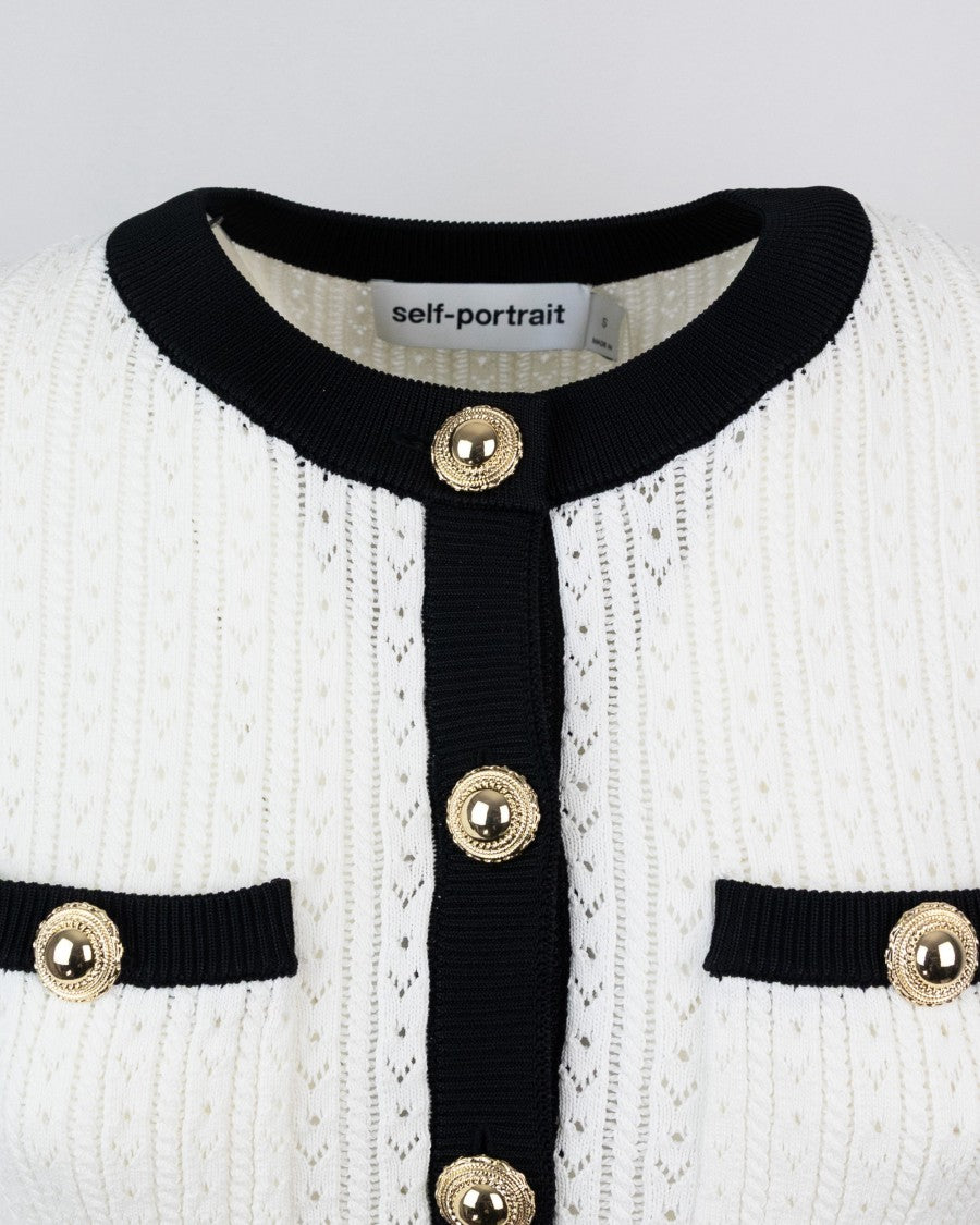 Self-Portrait White Pointelle Knit Contrast Midi Dress