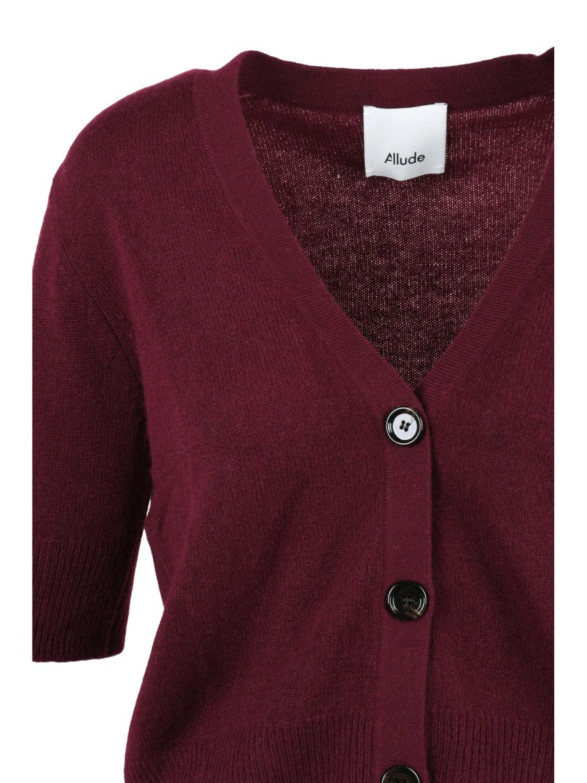 Allude Red Cropped Deep V-Neck Cashmere Cardigan