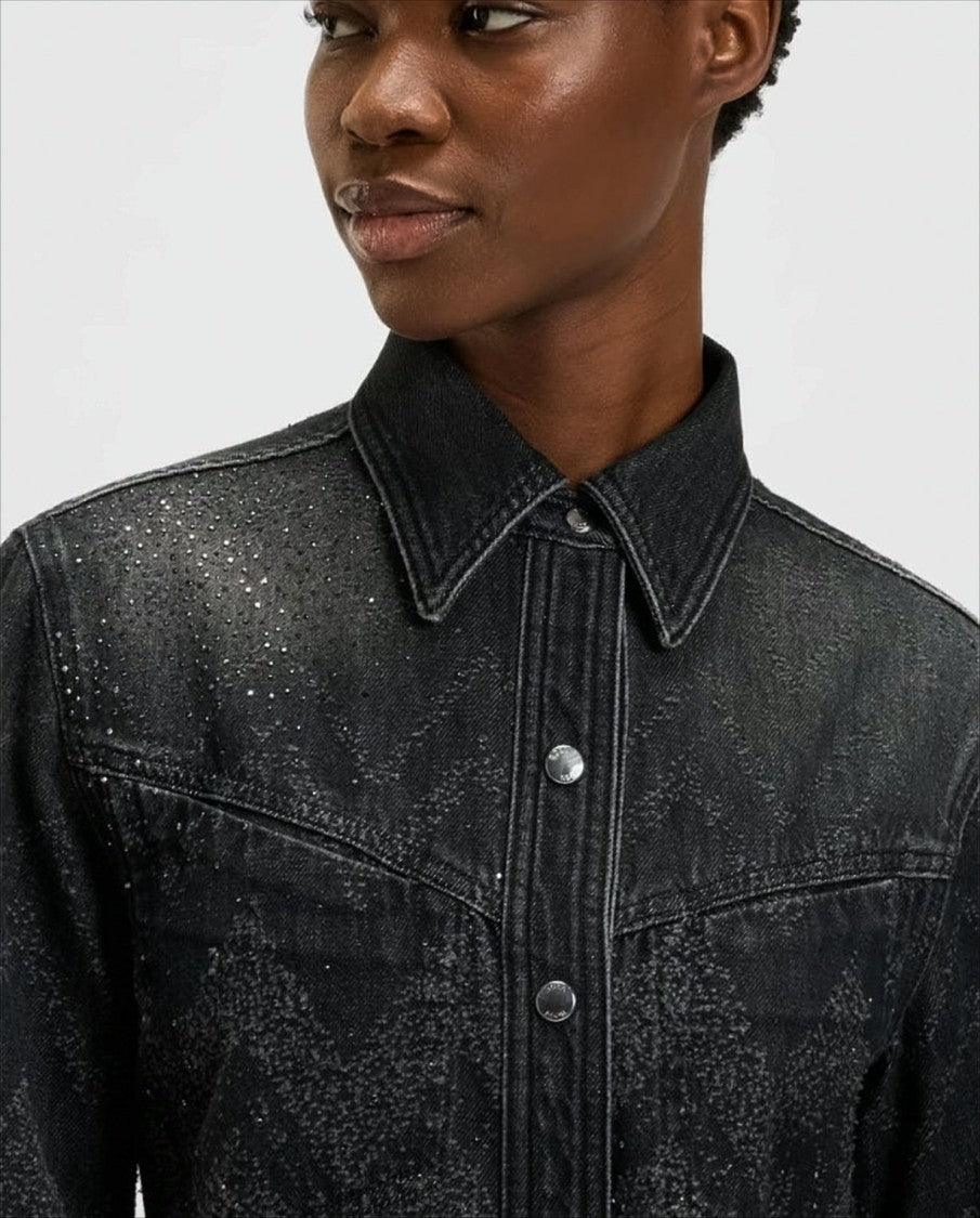Boss Short Black Denim Jacket With Crystal Embellishments