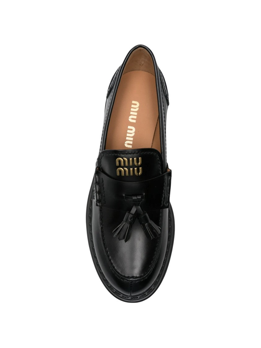 Miu Miu Black Leather Tassel Chunky Loafers