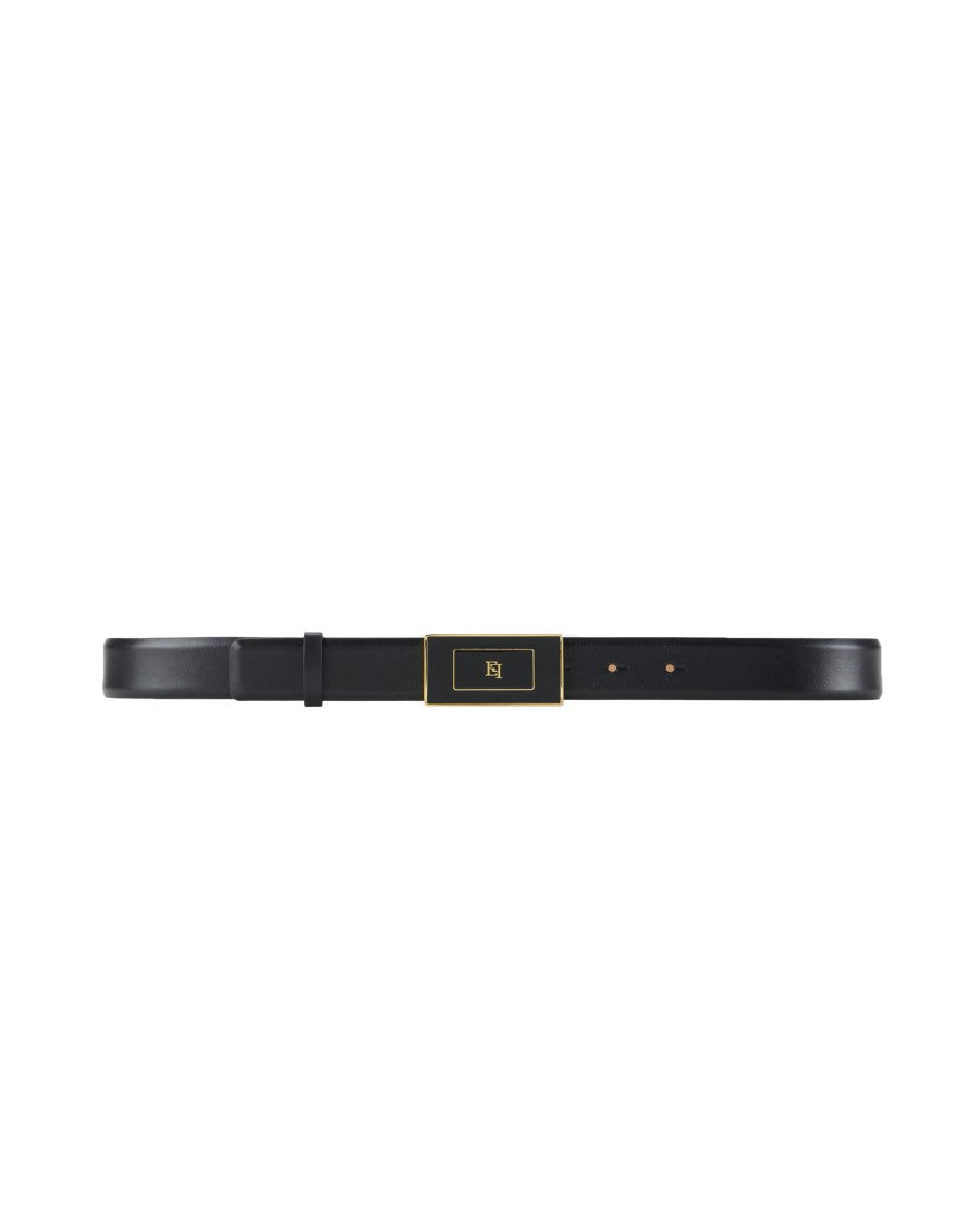 Elisabetta Franchi Black Leather Belt With Logo Plaque