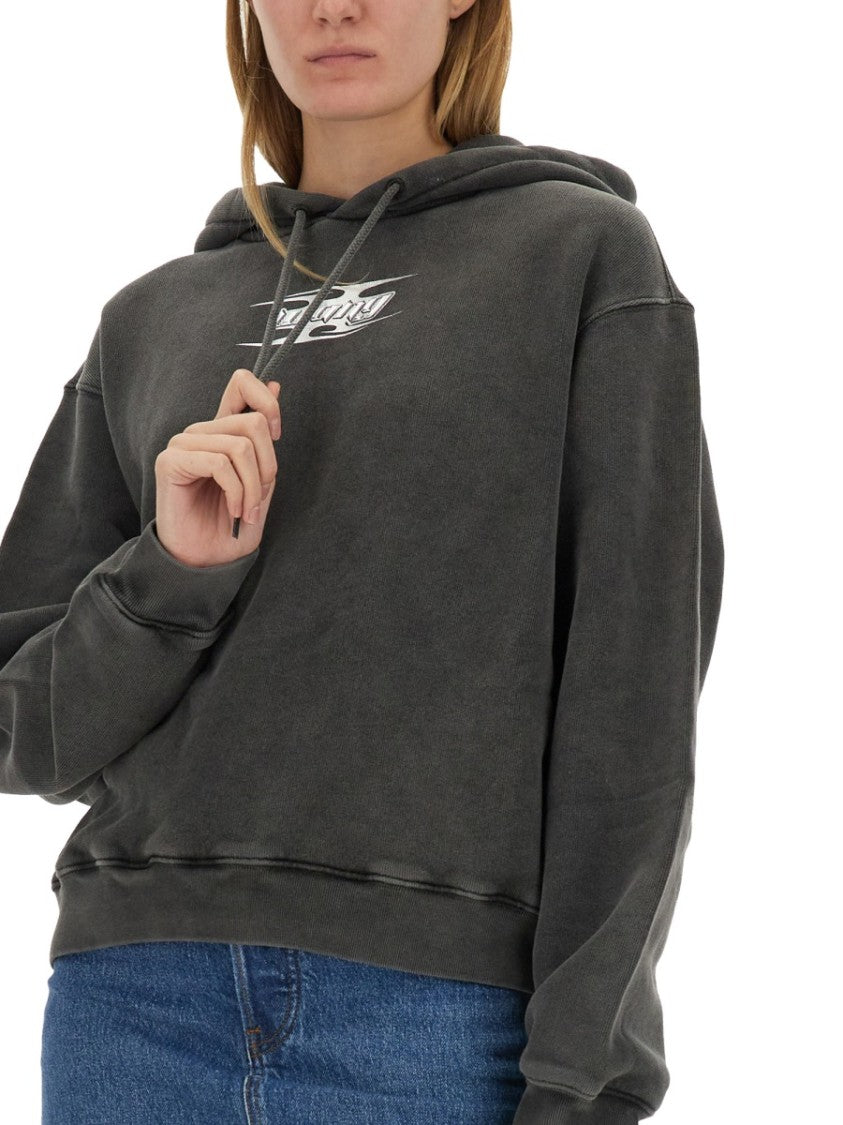 T By Alexander Wang Boxy Grey Sweatshirt With Logo Print And Drawstring Hood