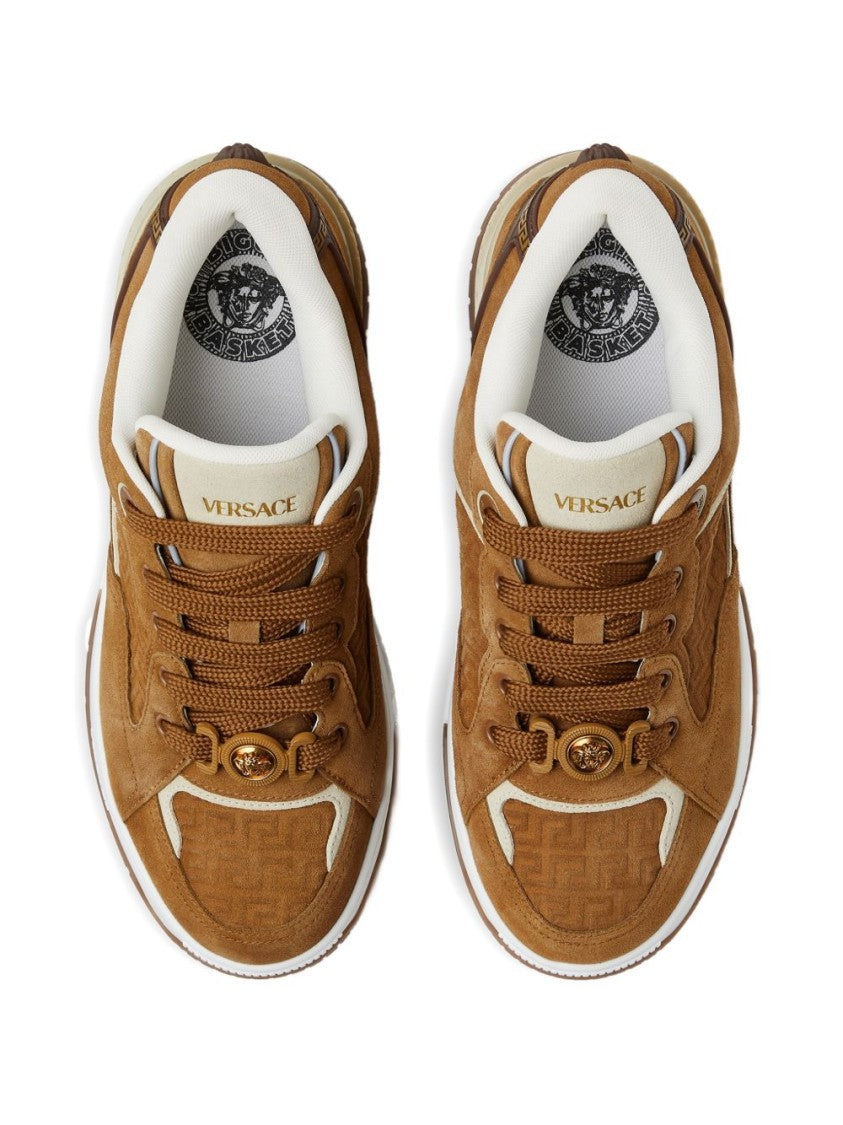 Versace Brown Suede Embossed Pattern Silk Nylon Sneakers